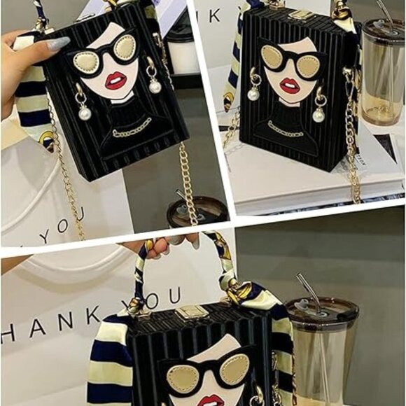 Chic Fashion Lady Face Trendy Box Handbag w/Pearl Earrings, Scarf Twilly Handle - Picture 8 of 10